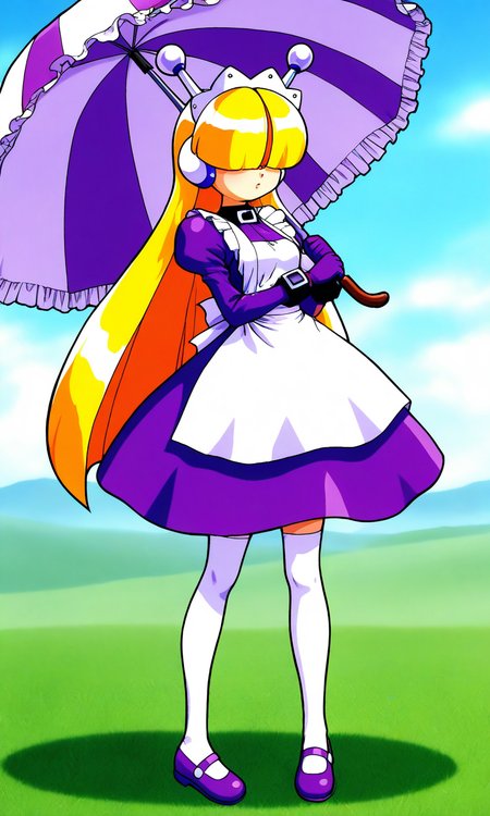 general,highres, ultra-detailed,very aesthetic,best quality ,best hands, BREAK <lora:Tesse_Lombrozo_WakuWaku7_Ver2.1_IS:1>
Tesse_Lombrozo, 1girl, solo, very long hair, blonde hair, hair over eyes, robot ears, maid headdress, small breasts,
maid, purple dress, long sleeves, puffy sleeves, white apron, hime cut, maid apron, 
bangs, juliet sleeves, thighhighs, mary janes, android, shoes, purple gloves,
purple and white striped umbrella, frill umbrella, 
grass, sky,