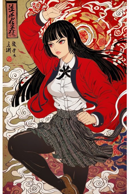 score_9, score_8_up, score_7_up, score_6_up, score_5_up, score_4_up, <lora:kakegurui_jabami_ponyXL:0.8> ,jabami yumeko, hime cut, red eyes, school uniform, red jacket, long sleeves, white shirt, black ribbon, black skirt, plaid skirt, black pantyhose, <lora:traditional_Japanese_art:1>,  traditional japanese art, 1girl, solo, alone, fighting stance, masterpiece, highres
