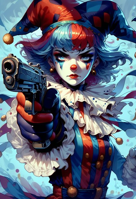 score_9, score_8_up, score_7_up, score_6_up, posmach, 1girl, c1rcus, clown, multicolored hair, thighhighs, gloves, makeup, striped, jester cap,  c1rcusstyl3, holding pistol, aiming pistol against the camera,