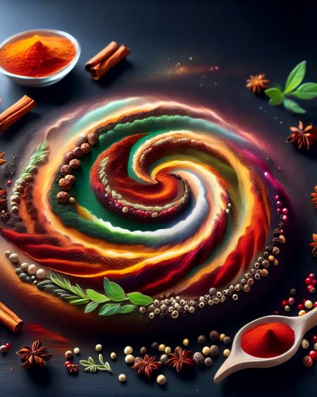 Herbs_Morf, a spiral galaxy made of herbs cinnamon spices seeds, on top of a table, realistic, 4k, masterpiece