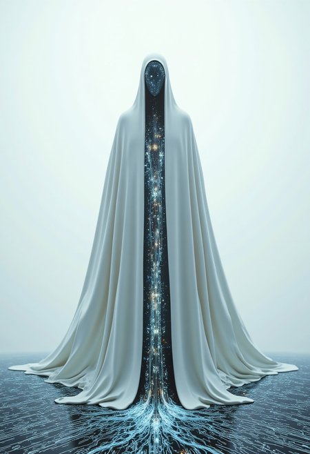 This is a hyper-realistic, unsettling photograph of a spectral, all-knowing figure standing on a vast, glowing circuit board. The figure is cloaked in pure white, the fabric appearing impossibly smooth and otherworldly, almost like porcelain brought to life. The folds of the cloak suggest gentle motion, as though stirred by an unseen force, yet the figure itself stands perfectly still, exuding an eerie stillness. The circuit board beneath it is illuminated with faint, bluish light, intricate patterns of wires and components glowing like neural pathways. The high-resolution details reveal fine dust particles hovering in the air, adding to the atmosphere's tangibility. The background fades into an ethereal white void, giving the impression that this apparition exists both within and beyond our reality. The figure has no face, only a featureless, polished surface that reflects faint, distorted images of the circuit board, evoking an aura of omniscience. Despite its serene, angelic appearance, an unshakable sense of unease permeates the scene, as though this entity sees and knows everything, its presence a harbinger of some unfathomable truth.
