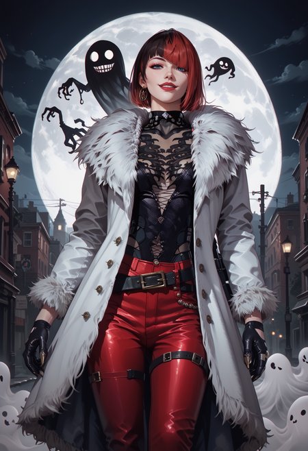 (score_9, score_8_up), score_7_up,  <lora:PonyAnn4W:1> Ann4W, 1girl, fur coat, pants, belt, gloves, seductive smile, dark corridor, moon, horror, street, ghosts,