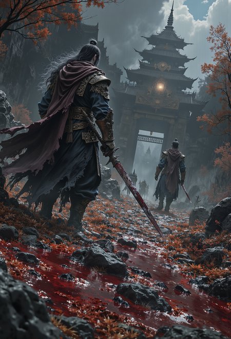 Blood-soaked ground, rusted blades, black smoke, faint chanting, cursed battlefield <lora:Elden_Ring_-_Yoshitaka_Amano.safetensors:1.0>,  <lora:black_fantasy.safetensors:0.75>,