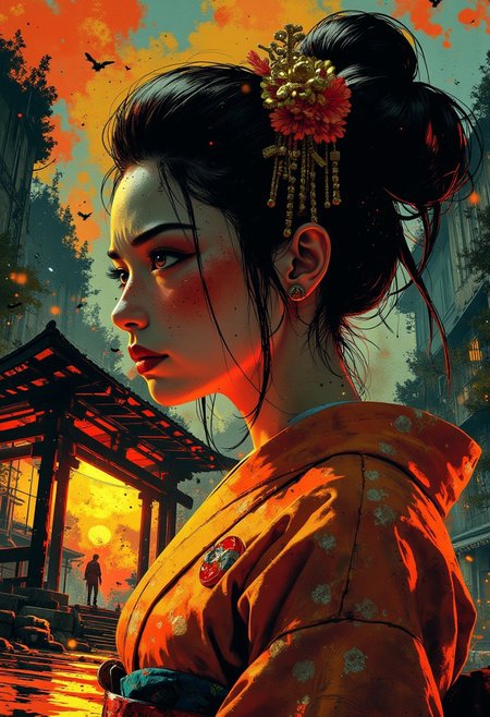 mythp0rt, abstract painting, gradient vibrant neon colours, closeup side portrait of Japanese geisha, hair ornaments, in front of shinto shrine, directional lighting
