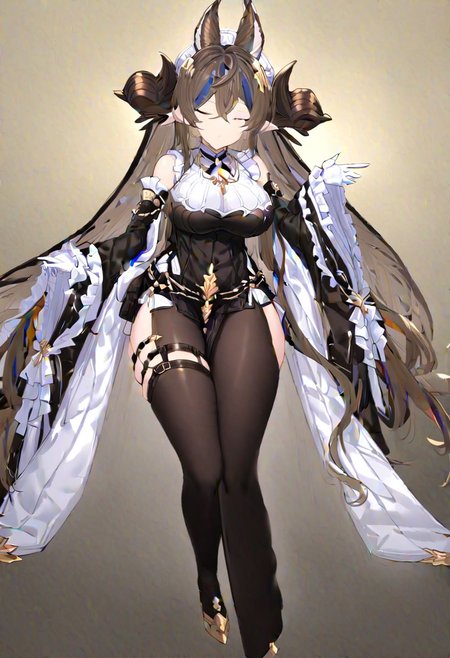 masterpiece, best quality, ultra-detailed, beautiful, nai3, 1girl, solo, full_body, tachi-e, 
galleondef, horns, closed eyes, dress, white gloves, frills, detached sleeves, frilled sleeves, thighhighs, thigh strap, pelvic curtain