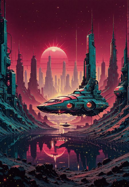landscape, giant arc, skyscrapers, cityscape, pond, reflections, crimson sky, space ship, dramatic sunset, sun rays, light particles, lens flares,  bridge, architecture, scenery, no humans, cyberpunk, science fiction, dystopian,  anime screencap,  painterly, volumetric lighting, no line art, no outline, photo (medium), fine art, masterpiece, best quality, good quality, very awa, very aesthetic, absurdres, newest, 8k, high contrast, sci-fi, illustration, retro, in the style of cknc