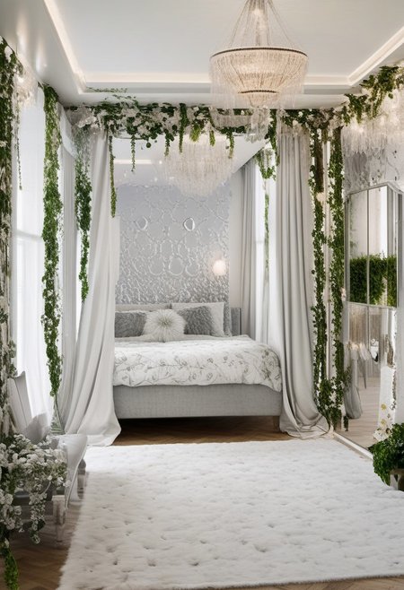 Light mood masterpiece photography, realistic, realistic photograph, inside bedroom, gaudy, maximalism, in bedroom, soft rug, floral rug, mirror with leaf frame, vines on wall, vine decor, flower decor, flower decor, mirror with floral frame, vanity, beanbags, lanterns, beaded curtains, frog decor, brick wall, lanterns, hex code #4c343a, hex code #3e3d29, hex code #8e3563, silver