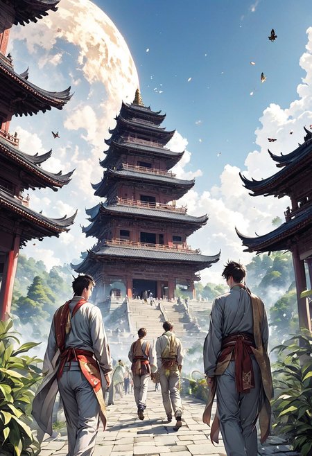 bug, sky, pagoda,temple,  torn pants, multiple boys, forehead mark, blurry, plant