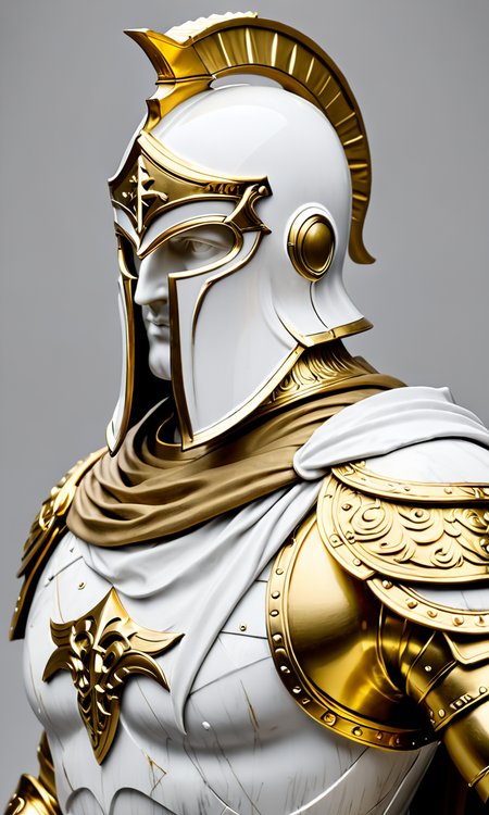 a statue of a man in armor, best quality, masterpiece,  <lora:cstatuesdxl:0.8>, cstatuesdxl, white and gold, wearing a hood, carrying a sword, knight, templar