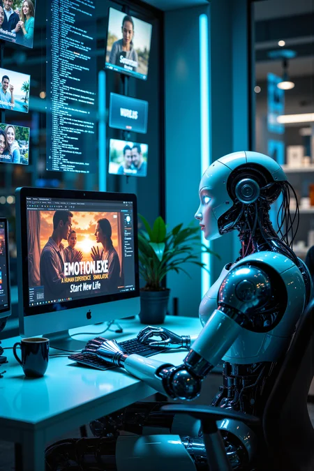 A robotic android, its sleek chrome fingers clicking against a keyboard with mechanical precision, sits at an immaculately sterile workstation in a futuristic neon-lit room. Its synthetic eyes, glowing with a soft blue light, scan the monitor with hyper-focused intensity as the title screen of Emotion.exe: A Human Experience Simulator flickers across the display. The game menu showcases warm, colorful images of human interactionsâfriends laughing, families embracing, and lovers holding handsâan experience completely foreign to the cold, calculating machine. Wires run from the androidâs head to the PC, as if directly interfacing with the game, attempting to process the mysterious depths of human emotion. The room is bathed in a soft, pulsing blue light from various holographic displays floating in the air, showing lines of unreadable futuristic code. A single, untouched cup of coffee sits on the deskâplaced there to replicate human behavior, despite the androidâs inability to drink it. Its metal fingers twitch slightly as it selects "Start New Life," attempting, in its own way, to understand the fragile, fleeting world of human connection. The entire image captures a quiet, mechanical curiosity, an AI seeking to grasp the meaning of the heart through lines of digital code. , detailed background  Fantastic lighting. Detailed shadows.intricate details, vivid colors, hyper-detailed, ultra-sharp, , <lora:FluxMythR3alisticF:0.4><lora:midjourney_whisper_flux_lora_v01:0.4><lora:aidmaMJ6.1-FLUX-V0.1:0.4><lora:Movie_Portrait:0.4><lora:Flux DetailerV2:0.4>