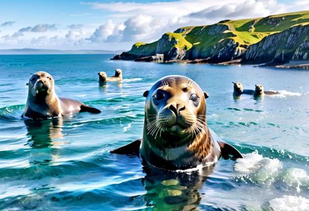 one lovely seal emerging from water looking towards viewer in the front of frame with behind them the picturesque Irish coastal landscape comes alive as a group of elegant irish women adorned in stylish onepiece swimsuits joyfully dive into the sparkling ocean waters with grace and poise transforming into mythical selkies (seals)  as they emerge from the shimmering surf,