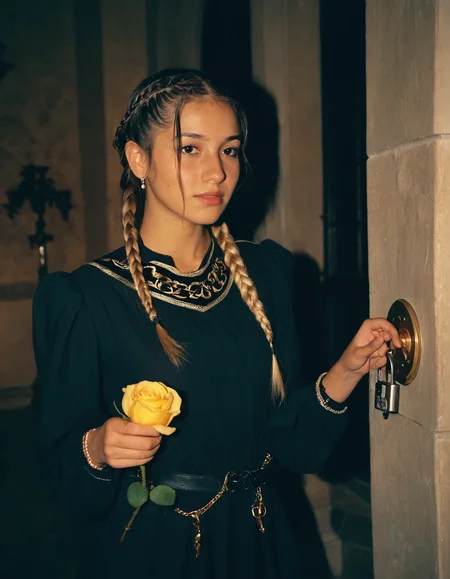 A girl, yellow rose color Braided sidelock hair, Ashkenazi Jewish, Honey Skin, Lanky body, in a dark thiefâs outfit, picking a lock, sly expression, in a mansion, shot on Canon EOS 5D, street fashion photography, soft lighting, Lomochrome color film, 4k