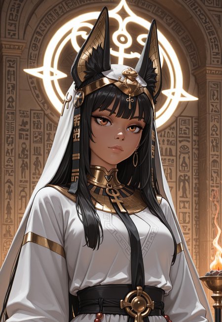 score_9, score_8_up, score_7_up, 1girl, solo, ancient Egyptian priestess, ornate golden headdress with lapis lazuli and turquoise inlays, ceremonial staff with a carved ankh at the top and hieroglyphic symbols along the shaft, long straight black hair adorned with gold beads, realistic, cinematic angle, cinematic lighting, slender body, mystical face, deep amber eyes, ritualistic pose 
BREAK 
performing a sacred ritual in a grand temple 
BREAK 
source_ancient_Egyptian_art, rating_explicit, expressive, full body, elegant pose 
BREAK 
detailed beautiful background, majestic temple interior with towering stone columns and intricate wall carvings, sacred altar with burning incense and offerings, grand statues of deities, distant desert landscape with pyramids and palm trees, mystical atmosphere with a sense of ancient magic and reverence 
<lora:Expressive_H:0.6>Expressiveh, (SimplepositiveXLv1:1.3), (((upper body, full clothed:1.85))) ((masterpiece)) (ultra realistic, 32k, masterpiece:1.2), (high detailed skin:1.1), (high quality:1.1) (((full clothed))) <lora:DandonFuga_Style_v.2_-_Pony:0.8> 
<lora:add-detail-xl:1> 
<lora:Dynamic Poses:1>
