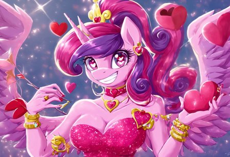 1girl, cleavage, jewelry, medium breasts, upper body, pink hair, earrings, choker, pink eyes, bracelet, ehart-shaped eyes, makeup, headphones, pink skin, glowing, anthro, Princess Candence, Wings, pink dress, My Little Pony, poseMega, 1girl, breasts, collar, large breasts, bracelet, ponytail, long hair, smile, jewelry, teeth, nail polish, grin,  heart floating, heart-shaped pupils, aroused, heart eyes, cupid arrow, Valentine's day themed