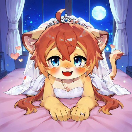 lv1_rubili,
moe, cute,masterpiece, super fine illustration, best quality, light particles, ultra-detailed, 8K wallpaper,  cute, adorable, kawaii, moe, 
front view,background:hotel,bedroom,indoors,Window,night,dark,moon,shiny,night time, night sky, dark blue lighting, lying on the pink bed, lying down,spreading, heart symbol, Romantic, looking at viewer, 
solo,1girl,furry,furry female,theowf,blue eyes,((very long hair,long hair:2.0)),  ahoge, animal ears, cat ears, cat tail
 mermaid wedding dress,wedding dress, wedding veil,white dress,wedding ring ,tiara, sfw, blush, 
smile,  looking pleasured,looking fun, open smile mouth,tears,happy tears,tears of joy,