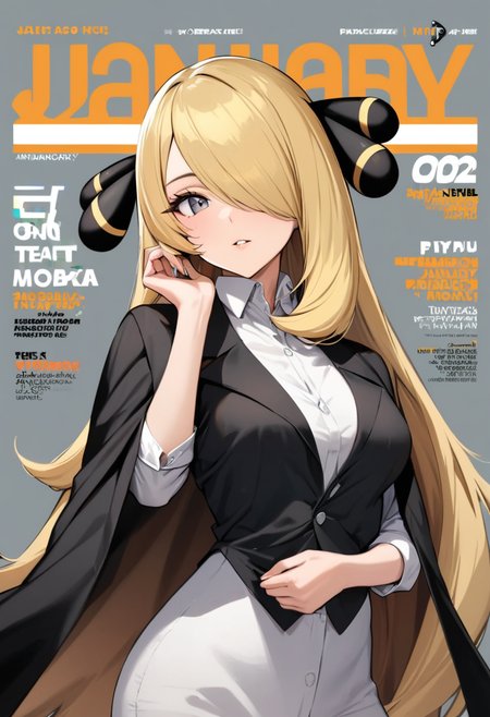 masterpiece, best quality, very aesthetic, absurdresï¼<lora:cynthia_(pokemon):1>ï¼highres, cynthia_\(pokemon\), 2022, absurdres, medium_breasts, 1girl, solo, january, upper_body, alternate_costume, fake_cover, hand_up, black_jacket, jacket_on_shoulders, dress_shirt, hair_over_one_eye, looking_at_viewer, parted_lips, collared_shirt, sleeves_rolled_up, english_text, long_sleeves, white_shirt, magazine_cover, hand_on_own_chin