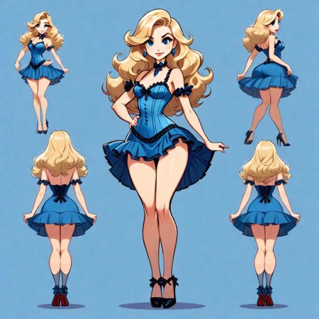 <lora:Character Design:0.7>, ((flat color)), Character Design - A set cartoon character design of a girl with long wavy blonde hair, character design, fullbody, with the view from front, side, back and 3/ 4 of the character,  short blue burlesque dress