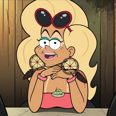score_9, score_8_up, score_7_up, score_6_up, score_5_up, score_4_up, 1girl, blonde hair, long hair, tan, tanlines, eyewear on head, makeup, jewelry, large breasts, cleavage, leaning forward, narrow waist, wide hips, looking at viewer, highres, high quality, masterpiece,  <lora:Darleen_Gravity_Falls:1>