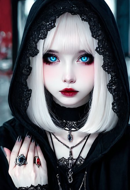 masterpiece, best quality, closed mouth,   1girl, solo, looking at viewer, blue eyes, jewelry, closed mouth, white hair, choker, hood, necklace, nail polish, lips, fingernails, makeup, ring, pale skin, portrait, black nails, lace, close-up, pendant, gothic, grey nails  ,   <lora:R3alB3auty_NAI:1.0>,
