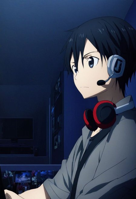 high resolution, solo, best quality, 1Boy, Kazuto Kirigaya, Black Hair, Black Eyes, gamer, bedroom, night, pc, sit, headset, portrait, OverallDetail