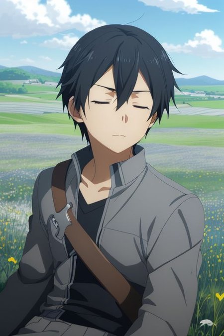 high resolution, solo, best quality, 1Boy, Kazuto Kirigaya, portraits, Black Hair, Black Eyes, sleep, meadow hills, wind breeze, OverallDetail