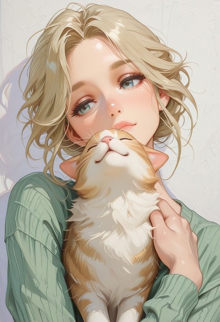ArsMJStyle, Impressionism, upd25, masterpiece, high_quality, highres, best_quality, free flowing, gentle mood, closeup, 1woman1cat, dirty blonde hair, soft eyes, round face, green sweater, looking at cat, petting cat, 1cat, ((cat perched on woman's shoulder)), pushing head into woman's hand, head tilt, sweet, endearing, dynamic pose, dynamic angle