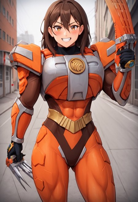 score_9, score_8_up, score_7_up, zPDXL, zPDXLpg, source_anime, <lora:offset_0.2:0.1>, <lora:spo_sdxl_10ep_4k-data_lora_webui:1>,
1girl, solo,
sazervisuel, orange bodysuit, brown leotard, belt, armor, gauntlets, black gloves, tight cloth ,claw \(weapon\)<lora:Sazer_Visuel:1>,
brown hair, brown eyes, hair between eyes, medium hair, hair behind ear,muscular_female_illust, muscular, muscular female, gigantic muscles,vaginal
Seductive smile, blush on face, holding weapon,facing viewer, ass visible through thighs, looking at viewer,
cowboy shot,
outdoors, city, street