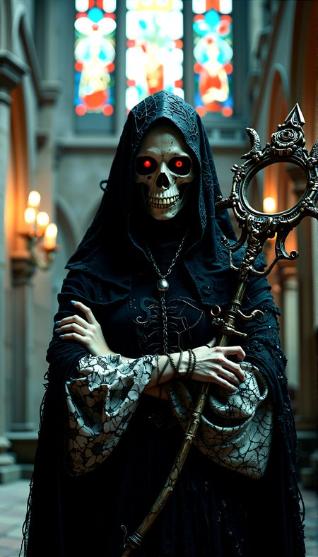 The figure stands with arms crossed over her chest, holding a staff decorated with skeletal elements in one hand, her posture regal and commanding.

Photorealistic portrayal of a undead beauty, gothic figure with a skeletal figure, dressed in an intricate black and white robe adorned with web-like patterns, standing in a dimly lit, ancient cathedral with eerie, red-glowing eyes.

Close-Up on the Eyes: A tight close-up shot focusing on her glowing red eyes, with the intricate details of her skeletal mask barely visible under the hood, creating a sense of intense, mysterious focus.

Soft, diffused light filtering through cracked stained-glass windows, casting eerie, multicolored shadows across her figure.

cinematic lighting, extremely intricate detail character, accurate depiction of character, correct body anatomy, correct hands and fingers, extremely intricate skin and facial skin texture detail, lifelike potrayal, extremely realistic lighting, extreme dynamic pose. Extremely sharp detail without blurring














