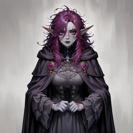 masterpiece, best quality, newest, absurdres, highres, 
D3-ART-V1.0, 
1girl, goth, gothic, goth fashion, victorian, elf, coreset, messy hair, scar, scars, scar on face, robe, medival, medival clothing, 
Purple hair, Purple eyes, grey skin, colored skin, grey colored skin,