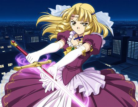 general,highres, ultra-detailed,very aesthetic,best quality ,best hands,  BREAK  2000s \(style\),anime coloring, <lora:Sapphire_Spiral_NAMI_IS:1>,
Sapphire, 1girl, solo, weapon, sword, dress, gloves, brown eyes, elbow gloves, purple dress, puffy sleeves, looking at viewer, attack, magic effect. aura,
night, city,