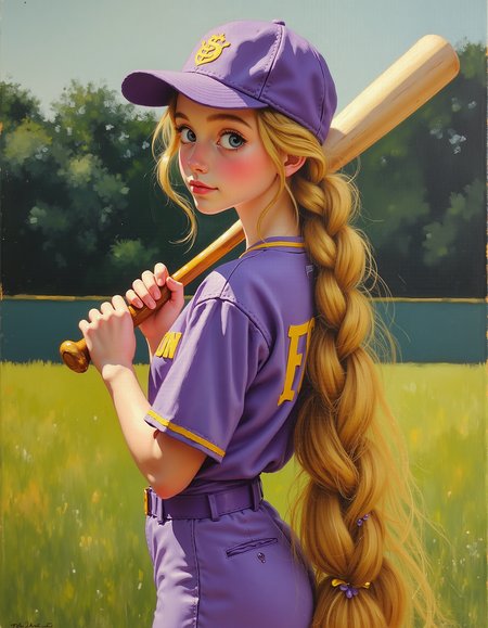 oil painting of a young petite teen Rapunzel dressed in a vibrant baseball uniform. She stands confidently on a lush green baseball field with a long, golden braid cascading down her back, the braid adorned with subtle decorative elements like small ribbons woven through her hair. Her skin the palest white and her eyes enchantingly deep blue.
Rapunzel's uniform should be a classic yet colorful baseball outfit, consisting of a bright jersey, matching pants, and a cap that keeps the sun out of her eyes. Her jersey colors could be a mix of royal purple, white, and gold, reflecting her regal background.
In one hand, Rapunzel holds a baseball bat, ready for action, while her other hand rests on her hip with a determined look in her eyes. The background a lively game atmosphere to capture the energetic spirit of the scene.
Romantic, focus on the girl, shadow and light, Masterpiece, intricate lines, intriguing atmosphere, sharp magnificent details, delicate features, elaborate details, (2\3 rule composition:0.5), ultra detailed, romantic, Rembrandt lighting, brush strokes, del1cate_balance style, novuschroma, in the style of Rembrandt. vantablack <lora:style_of_Rembrandt_FLUX_135:.8> <lora:- Flux1 - vanta_black_V2.0:.6> <lora:Delicate_Balance:.3> <lora:113_novuschromaFLX_1:.3> <lora:neeeg_f1:-.5>