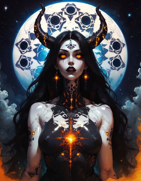 score_9, score_8_up, score_7_up, score_6_up, score_5_up, score_4_up,  otherworldly goddess, pure porcelain skin, deep abyssal black eyes, black horns, long dress made of the stars, astral plane, dark, epic, ethereal, mystical, stars, atmospheric, beautiful, skin patterns, galactic, shiny skin