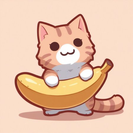 masterpiece, best quality, animal focus, no humans, n3koemoji, cat, holding banana like a gun, mischievous smile
