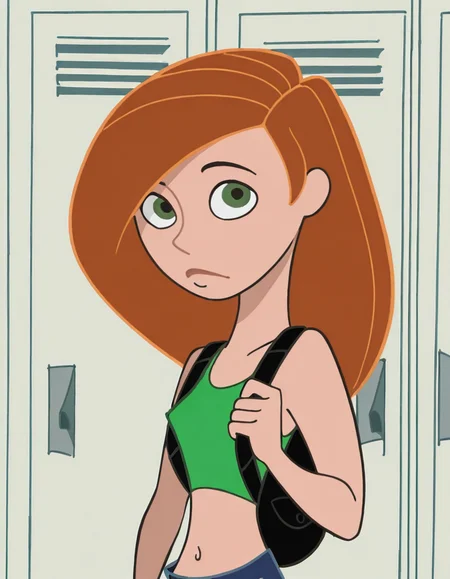 kim <lora:KimPossibleIllustrious2.0JLFO:1.0> KimP, 1girl, solo, green eyes, navel, backpack, midriff, bag, long hair, orange hair, blue pants, green tank top,locker, school,upper body, portrait, looking at viewer,, masterpiece, best quality, amazing quality, very aesthetic, absurdres