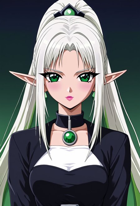 (masterpiece), best quality, expressive eyes, perfect face, 
1 Girl
(((White very long ponytail with Green ombre hair)))
(((White hair)))
(((Green ombre hair)))
(((Green gradient hair)))
((White and Green Multicolored hair))
((Hair between eyes))
((Green eyes))
((Elf ears))
((Pointy ears))
((Mole under eye))
((Medium breasts))
((White rose simple dress))
((Black jacket))
((Choker))
((Looking at viewer))
((Sitting in a lotus position))
((Serious face))
((T-pose))
((Night beach))
((Night))
((Green nail polish))
((Pink lips))
((Orange makeup))
((Elf earings))