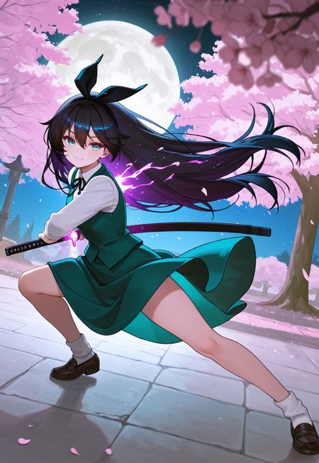 masterpiece, cute, lovely, newest, absurdres, (best quality:1.3), amazing quality, very aesthetic, 1girl, solo, high_resolution, hq, 4k, cvle01, serious, long hair, black hair, dark ambient, depth of field, detailed background, high gradient eyes, very aesthetic, (big breasts:0.55), happy, smile, flushed, very cute, closeup, light particles, cute details, cute colors, BREAK, hairband, hair ribbon, black ribbon, white shirt, collared shirt, green vest, green skirt, socks, beautiful face, beautiful eyes, glossy lips, glossy hair, (full body:1.1), (release particles light:1.1), (floating particle light:1.1), rainbow glowing aura body, rainbow magic array, accurate anatomy, BREAK, katana, (detailed katana:1.2), sheath, drawing a katana, unsheathing a katana, (battoujutsu stance:1.1), dynamic pose, fighting stance, ready to draw, BREAK, cherry blossom tree, cherry blossoms, blowing in the wind, windy, midnight, moon light, (soft lighting:1.1), stars, vivid colours, gradient color, tense atmosphere, illuminated face, cinematic angle, dutch angle, dynamic angle