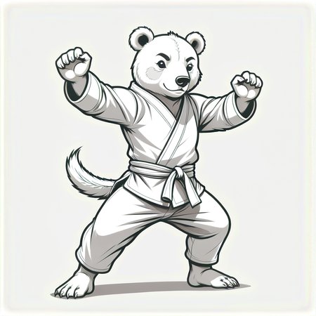 karate bear, kung fu kicking pose, wearing martial arts outfit,greyscale line art, simple outline, colouring book style,greyscale line art, simple outline, colouring book style