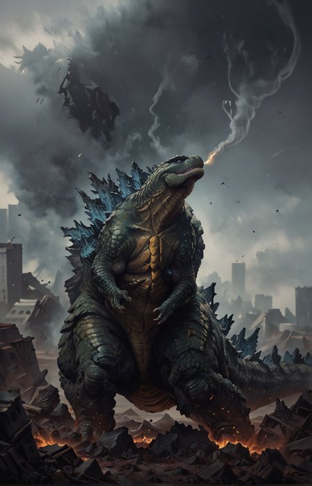 score_9, score_8_up, score_7_up, solo, ocm, ocm, traditional media, oil painting from side, 1man, giant dinosaur reptilian monster Godzilla, spines, feral, realistic scales, detailed scale texture, solo, outdoors, rubble and debris, smoke plume in the background, small city debris in the background, solo, full body, solo, extremely detailed,