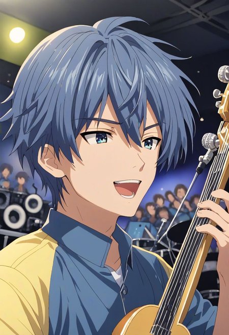 high resolution, solo, best quality, 1Boy, Tomoya Okazaki, Grey Blue Hair, singing, portraits, dept of field, virtual concert, playing musical instrument, OverallDetail