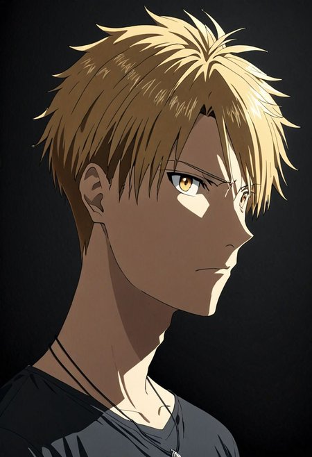 high resolution, solo, best quality, 1Boy, Yamato Ishida, Blond Hair, Necklace, potrait, dark shirt, looking at viewer, focused gaze forward, simple background, straight body, upper body, head upright, neutral expresion, OverallDetail
