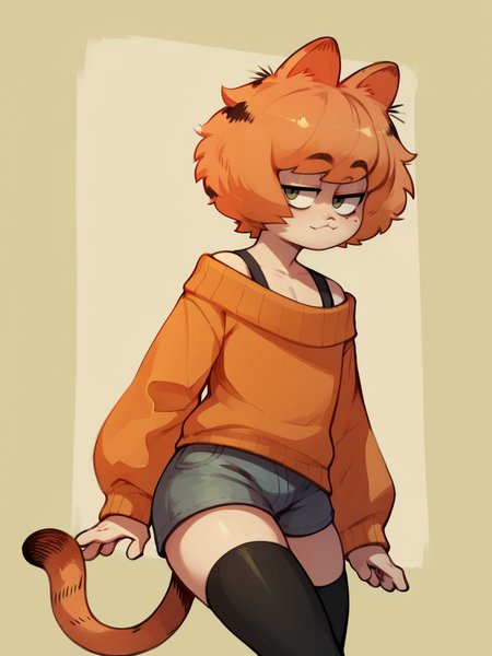 score_9, score_8_up, score_7_up, score_6_up, score_5_up,   <lora:garfieldXLP:1> garfield, animal ears, solo, 1boy, tail, sweater, orange hair, short hair, thighhighs, shorts
