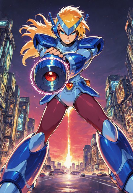masterpiece, best quality, amazing quality, cephalbioreilxl, 1boy, male focus, toned male, blue eyes, wavy long hair, blonde hair, blue circlet, blue pauldrons, blue breastplate, elbow length vambraces, blue faulds, maroon pants, thighhigh greaves, fingerless gloves, glowing chains, FMIXF, vibrant details, sshdw, detailed shading, hued shading, (mega man x:1.4), android, robot, holding own arm, (arm cannon:1.4), night time, cityscape, futuristic, sci-fi, highway, >:(, angry, clenched teeth, looking at viewer, aiming, 