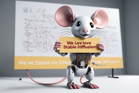 mouse robot holding a massive sign that says "We love stable diffusion!" circuits