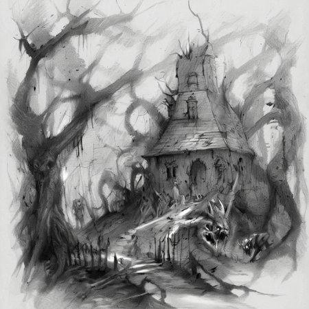 drawix8 the devil's house among old trees in the forest, demons and forest creatures in the background, unusual expressive shot <lora:drawix8:1>