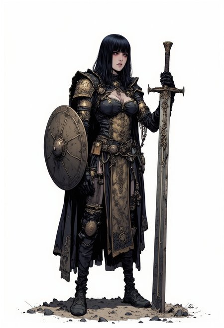 in the style of cksc,  concept are of a strong female vampire warrior wearing chainmail armour, she has dark straight hair and piercing eyes, beside her there is a large sword sticking into the ground and a round battle shield, she has one hand on top of the swords pommel. The warrior is tall and muscular, vicious and fierce with large fangs. The background is white