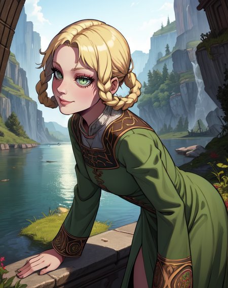 Rya, blonde hair, hair rings ,twin braids,green eyes, bad_posture,  perspective, 
smile, solo, tired,  slit pupils, 
 green dress, long sleeves, standing,  cowboy shot, 
 (insanely detailed, beautiful detailed face,beautiful detailed eyes, masterpiece, best quality)  
lake,  <lora:RyaZorayas-10v6:0.8>  leaning forward,  from side,
