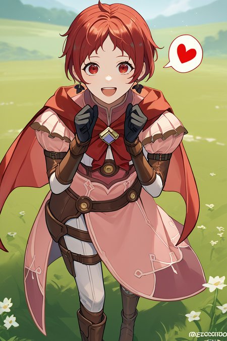 score_9, score_8_up, score_7_up, score_6_up, source_anime BREAK 1girl, solo, <lora:femonica-pdxl-nvwls-v1-000005:1> hopesMonica, red hair, red eyes, short hair, earrings, red cape, pink dress, puffy sleeves, bracers, black gloves, white pants, brown boots, standing, leaning forward, looking at you, happy, open mouth, hands up, spoken heart, field