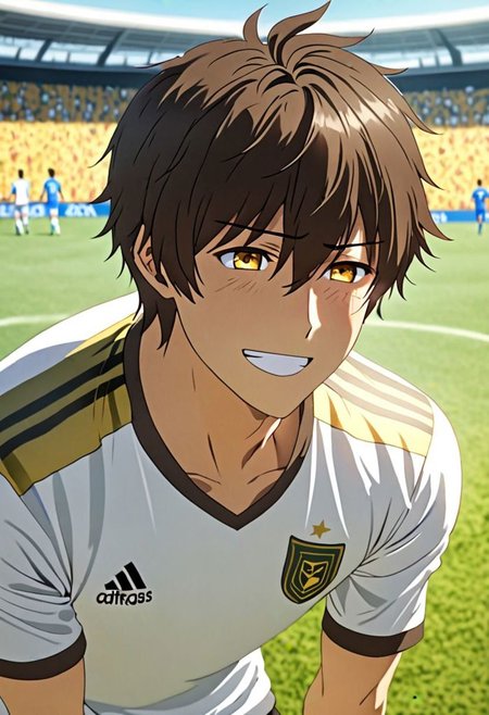 Highres, Masterpiece, High Quality, 4K, 8K, solo, 1Boy, Seiya Kanie, short dark brown hair, golden eyes, Soccer Boy, soccer player, field, happy, tired, celebration, sunny day, easynegative, detailed_eye_model