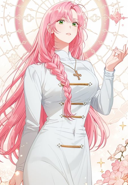 zPDXL3, score_9_up, score_8_up, score_7_up, (Anime_source),Masterpiece,(perfect female body:1.2), small waist,(incredibly detailed:1.4), slim, beautiful fingers, beautiful white skin, Beautiful clear skin, (big breasts:1.2) (thick thighs:1.2), parted lips, looking at viewer,  big breasts, (facing viewer:1.6) whole body, <lora:Ailette_Rodeline_-_The_Perks_of_Being_an_S-Class_Heroine-PONY-Kaleid:1>ailette rodeline, long hair, pink hair, eyes green, 1girl, necklace, bangs, braid, (large breasts:1.4) white priest robe, single braid, small waist, navel, standing,