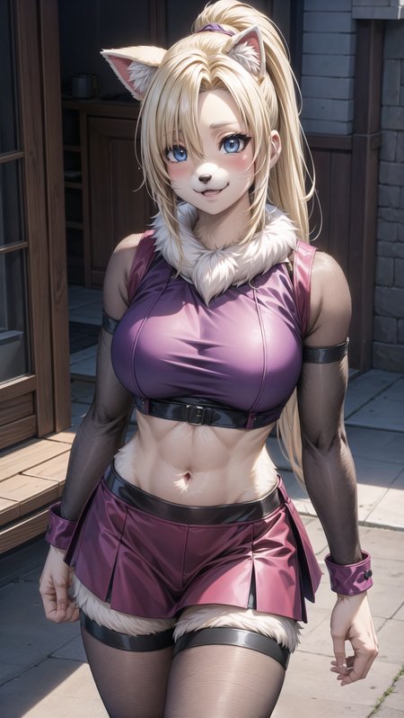 (((ino yamanaka, Furry dog Girl, body fur, pelt, ))),  <lyco:Transform Characters into Furry Fox Girls:0.8>  <lora:add_detail:0.3> <lora:ino yamanaka epoch5:0.6> BREAK,
blue eyes, blonde hair, ponytail, hair over one eye,  <lora:HairOverOneEye_LOCO_s:1> BREAK, 
purple top,  purple skirt, furry midriff, fishnet legwear,  BREAK,, masterpiece, best quality, hyperrealistic, extremely detailed, highly quality, 4k, sharp focus, professional photograph, sharp focus, award winning, cinematic lighting, octane render, unreal engine, volumetrics dtx, Wallpaper,